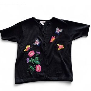 Victoria Harbour black butterfly floral short sleeve open cardigan size L